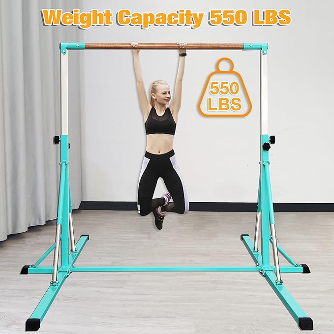 Gymnastics Bar for Kids Ages 3-15, 35" to 60" Adjustable Height, 4FT Wide Base - Professional Kip Bar with 360° Stability & Fiberglass Crossbar, Easy Fold&Solid Design for Home Training