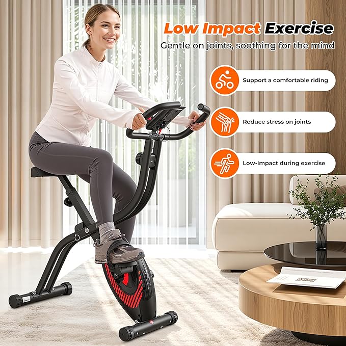 Exercise Bike 3 IN 1 Stationary Bike Folding Exercise Bike with Adjustable Resistance Comfortable Seat Cushion LCD Monitor 265 lbs Weight Capacity for Home Gym Workout (Red)