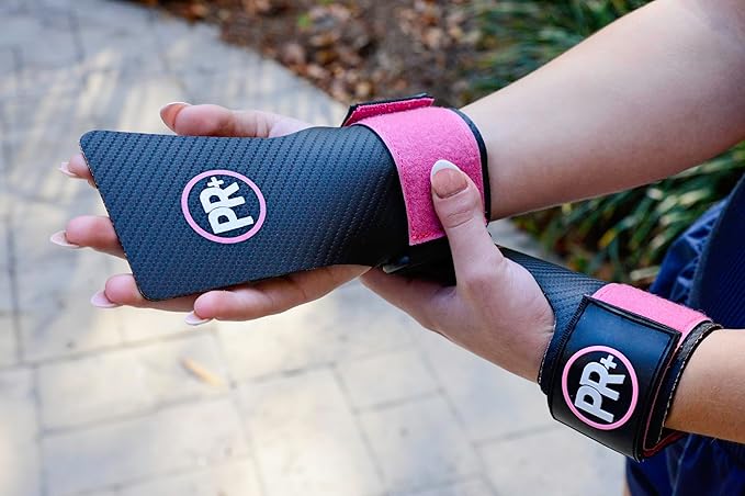 Set of PR+ Gymnastics Hand Grips + 18" Lifting Wrist Wraps for Pull Ups, Weightlifting, WODs & Cross Training – No Hole, Chalk-Free Gloves, Triple Layer Hand Protection & Wrist Support - Great Gift