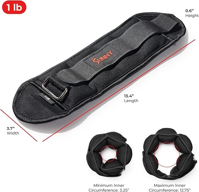 Sunny Health & Fitness Ankle Weights for Women, Men & Kids – Adjustable 1–5 lb Pair | Wrist, Arm & Leg Weights for Walking, Pilates, Yoga & Cardio