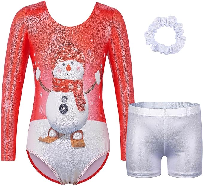 BAOHULU Gymnastics Leotards for Girls Long Sleeve Sparkly Cute Pattern Dance Outfit with Matching Shorts Set