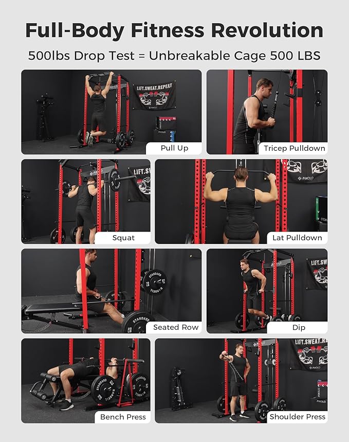 Mikolo Power Cage, Power Rack with LAT Pulldown, 1200 Pounds Capacity Workout Cage with More Training Attachments, Squat Rack for Home Gym, F4 Versions