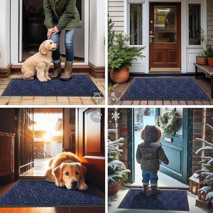 Smiry Front Door Mat Outside Entrance, Heavy Duty Sturdy Natural Rubber Doormat, Trap Dirt and Moisture, Easy Clean Low Profile Mats for Indoor Outdoor Entry, Grid Geometric (71x24, Navy Blue)