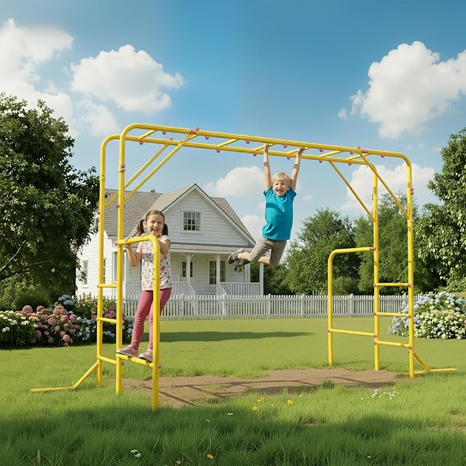 Outdoor Monkey Bars for Kids, Steel Monkey Bars for Backyard, with Climbing and Gymnastics Bar,Free-Standing Playset for Children Age 3-12,Compact for Small Yards, Yellow
