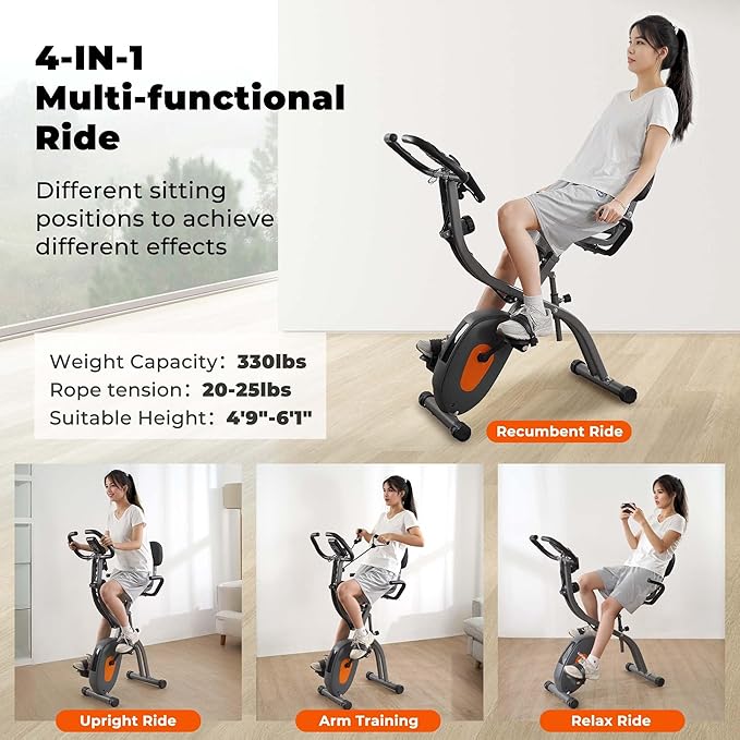 Exercise Bike, Stationary Bike for Home, Folding Exercise Bike with 10 Level Magnetic Resistance, Arm Resistance Bands &Pulse Sensor, LCD Monitor for Home Workout