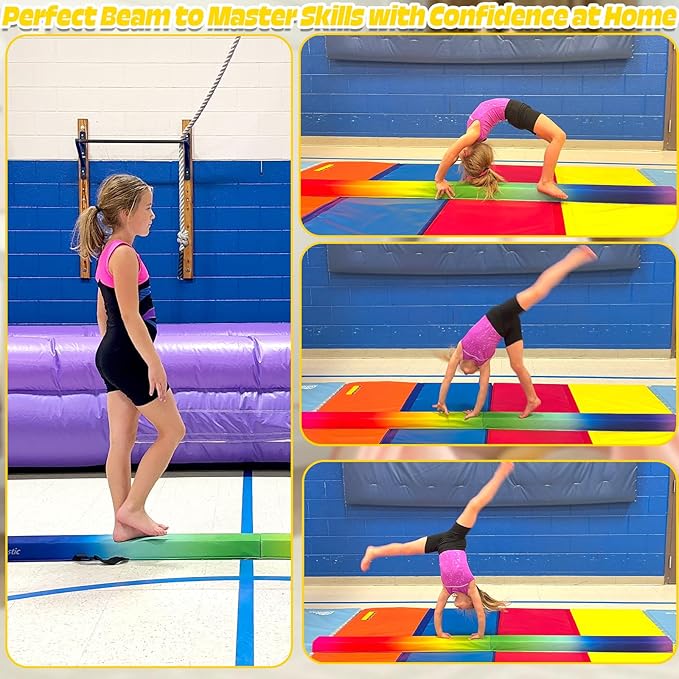 PreGymnastic 6FT/8FT/9.5FT Folding Balance Beam for Kids Ages 3-12, Foldable Gymnastics Floor Beam-Extra Firm Suede Cover with Carrying Bag for Home-Gym Equipment for Toddler Teenager