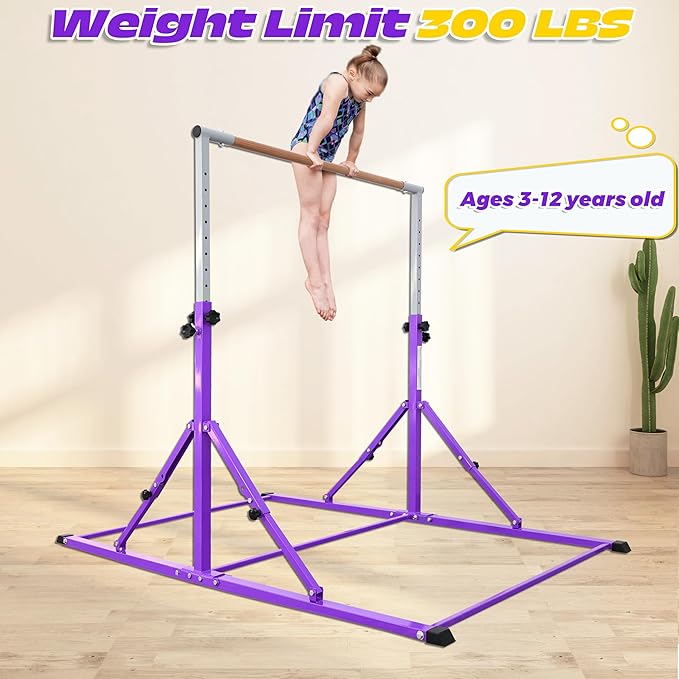 PreGymnastic Foldable Gymnastics Bar, 5.6FT Folding Horizontal Bars for Kids Ages 3-12, Weight Limit 350 LBS, Adjustable kip Bar, Children Home Gym Equipment Indoor