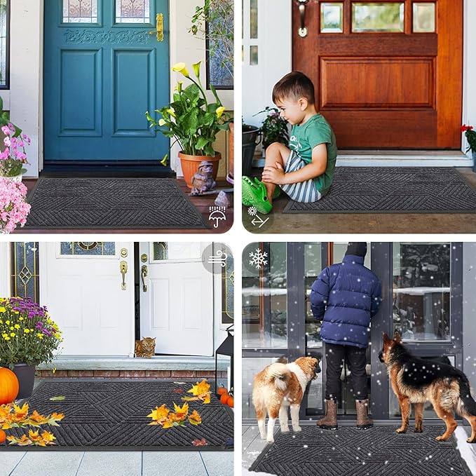 Smiry Front Door Mat Outside Entrance, Heavy Duty Sturdy Natural Rubber Doormat, Trap Dirt and Moisture, Easy Clean Low Profile Mats for Indoor Outdoor Entry, Irregular Triangle (59x35, Medium Grey)