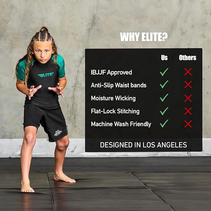 Elite Sports Kids Jiu Jitsu BJJ Rash Guard, Short Half Sleeve Compression Shirt for Youth Boys Girls Sports Nogi Training