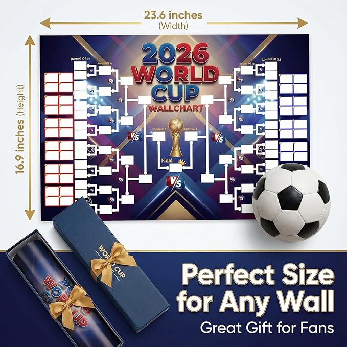 Planetgreen 2026 World Cup Poster Set, Soccer Schedule & 48 Team Bracket Wall Chart, 2 Pack 23.6 x 16.9 Inch PVC, Dry Erase Tournament Tracker, Football Wall Decor Gifts for Soccer Fans