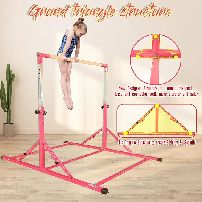 PreGymnastic Foldable Gymnastics Bar, 6FT Horizontal Bars, Folding Training Bar for Kids Ages 3-18, Weight Limit 500 LB, Adjustable kip Bar,Home Gym Equipment Indoor