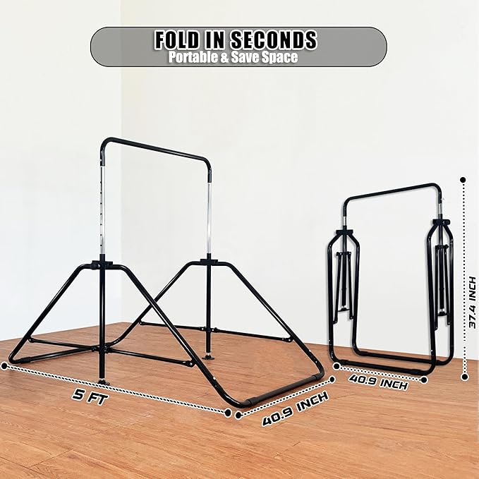 MARFULA Foldable Gymnastic Bar for Kids Ages 3-12, 9 Height Levels, 200 lbs Weight Capacity, 5 Ft Length Gymnastic Kip Bar with Mat, Gymnastic Equipment for Home and Gym Center Indoor Outdoor Use