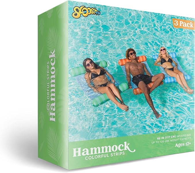 Sloosh 3 Pack Inflatable Pool Float Hammock, Water Lounges, Multi-Purpose Swimming Pool Accessories (Saddle, Lounge Chair, Hammock, Drifter), Lake, Outdoor, Beach