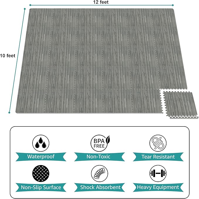 Sorbus 120 Sq. Ft. Wood Grain Floor Tiles Foam Mat EVA Interlocking Mats Tile 3/8-Inch Thick Flooring Wood Puzzle Exercise Mats w/Borders - Home Playroom Basement, Apartment, Trade Show, Baby, Dance