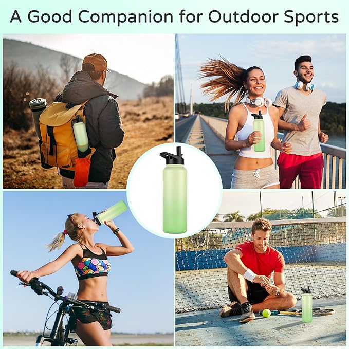 DOMICARE 40 oz Insulated Water Bottle, Vacuum Insulated Stainless Steel Sports Water Bottle with Straw Lid & Spout Lid, Leakproof, Reusable - Travel, Camping, Bike, Green Gradient
