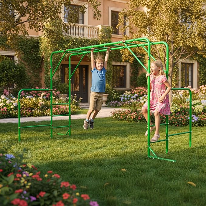 Outdoor Monkey Bars for Kids, Steel Monkey Bar for Backyard, with Climbing and Gymnastics Bar,Free-Standing Playset for Children Age 3-12,Compact for Small Yards, Green