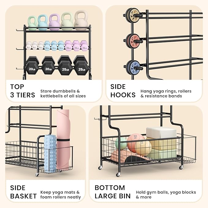 Dumbbell Rack, Weight Rack for Home Gym, Weight Stand for Dumbbells Kettlebells Yoga Mat and Balls, All in One Home Gym Storage with Universal Wheels and Hooks, Workout Storage for Yoga(Metal)
