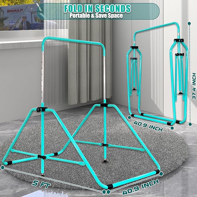 MARFULA Foldable Gymnastic Bar for Kids Ages 3-12, 9 Height Levels, 200 lbs Weight Capacity, 5 Ft Length Gymnastic Kip Bar with Mat, Gymnastic Equipment for Home and Gym Center Indoor Outdoor Use