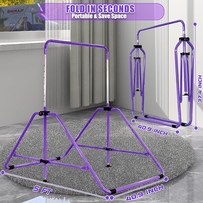 MARFULA Foldable Gymnastic Bar for Kids Ages 3-12, 9 Height Levels, 200 lbs Weight Capacity, 5 Ft Length Gymnastic Kip Bar with Mat, Gymnastic Equipment for Home and Gym Center Indoor Outdoor Use