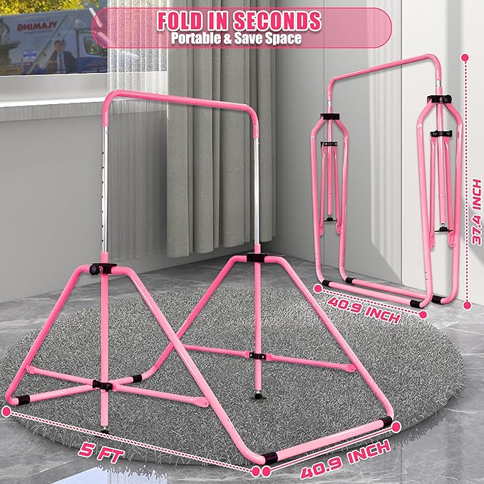 MARFULA Foldable Gymnastic Bar for Kids Ages 3-12, 9 Height Levels, 200 lbs Weight Capacity, 5 Ft Length Gymnastic Kip Bar with Mat, Gymnastic Equipment for Home and Gym Center Indoor Outdoor Use