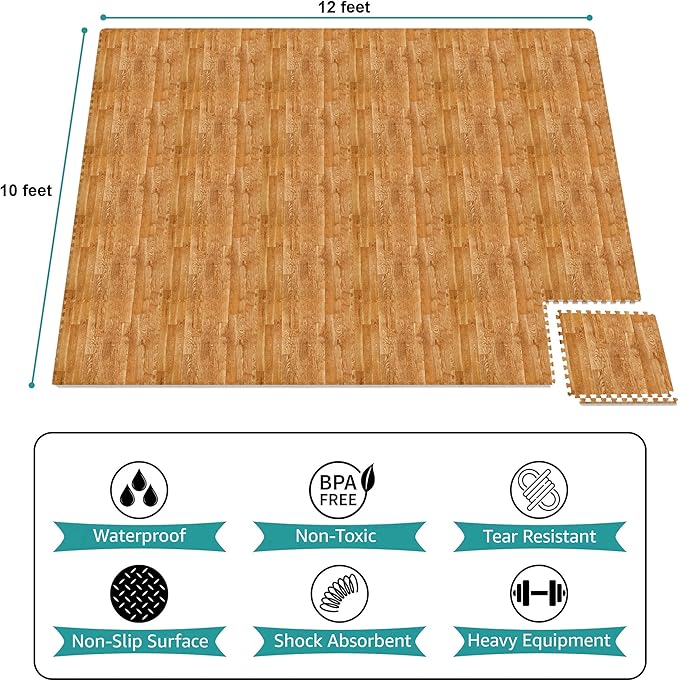 Sorbus 120 Sq. Ft. Wood Grain Floor Tiles Foam Mat EVA Interlocking Mats Tile 3/8-Inch Thick Flooring Wood Puzzle Exercise Mats w/Borders - Home Playroom Basement, Apartment, Trade Show, Baby, Dance