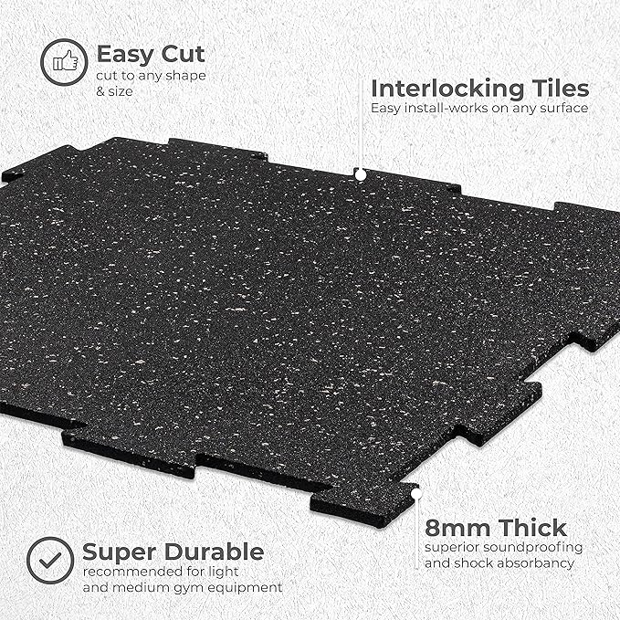 Playsafer Genaflex Lite Rubber 8mm Interlocking Tiles for Gym Flooring, Exercise Equipment, Exercise Areas - 20" X 20" (Black, 1 Tile - 2.7 Sq. Ft.)