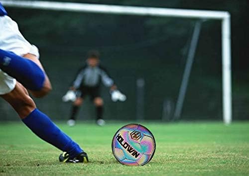 Holographic Luminous Soccer Ball for Night Games & Training Football Ball Glowing in The Dark Light Up Reflective with Camera Flash Reflects Light Gifts, & Men (Size 5, Black)