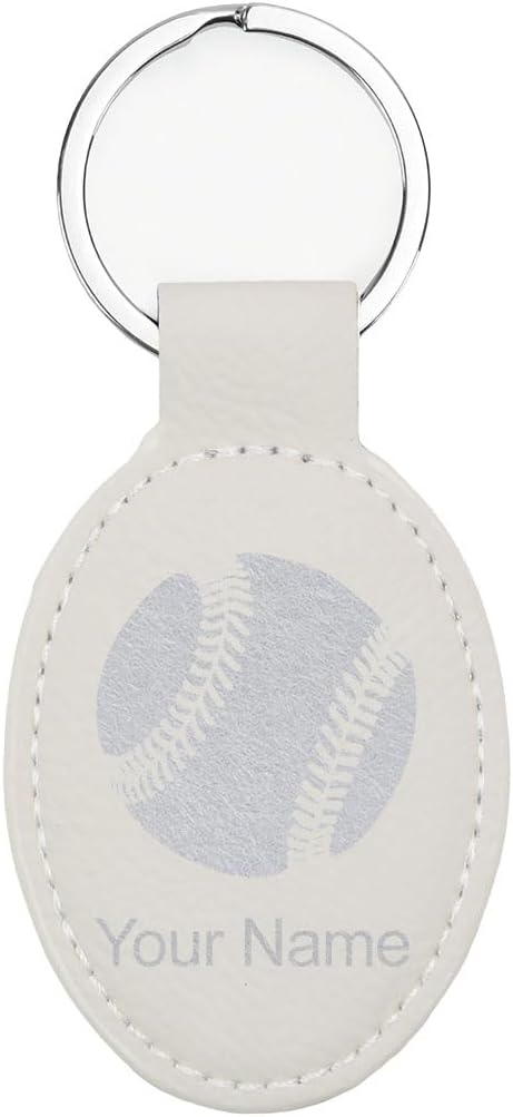 LaserGram Oval Keychain, Baseball Ball, Personalized Engraving Included (White with Silver)