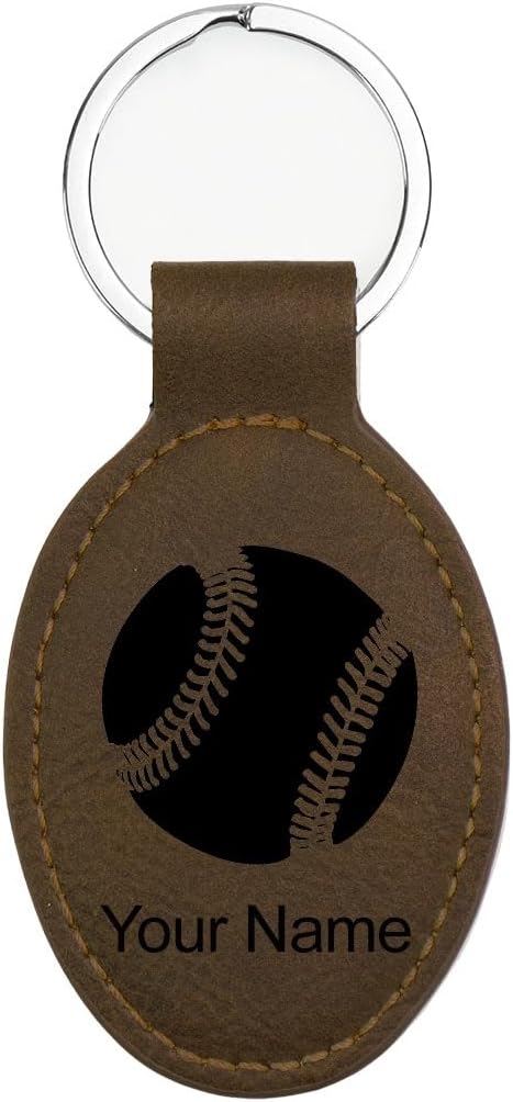 LaserGram Oval Keychain, Baseball Ball, Personalized Engraving Included (Chocolate Brown)