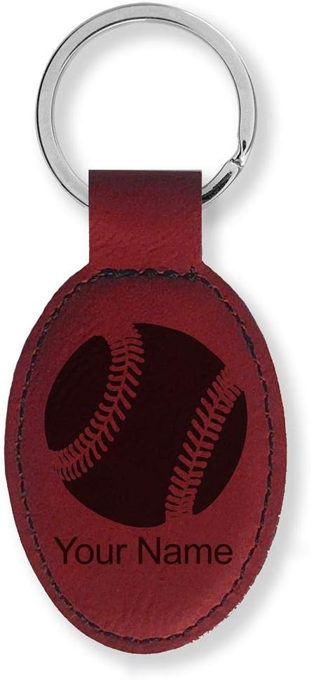 LaserGram Oval Keychain, Baseball Ball, Personalized Engraving Included (Burgundy)