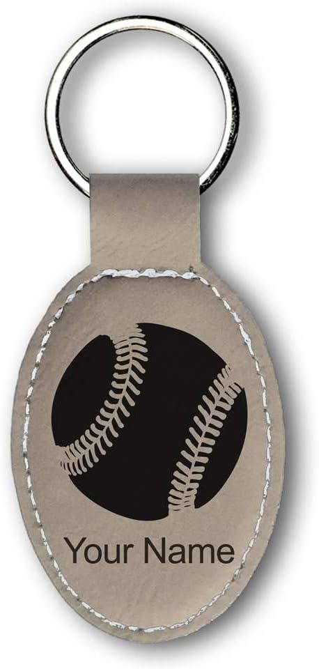 LaserGram Oval Keychain, Baseball Ball, Personalized Engraving Included (Light Brown)