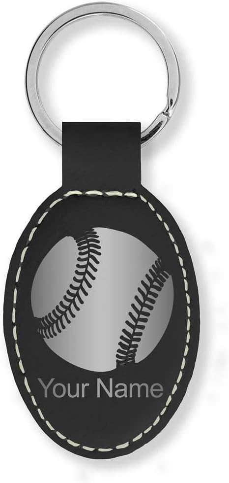 LaserGram Oval Keychain, Baseball Ball, Personalized Engraving Included (Black with Silver)