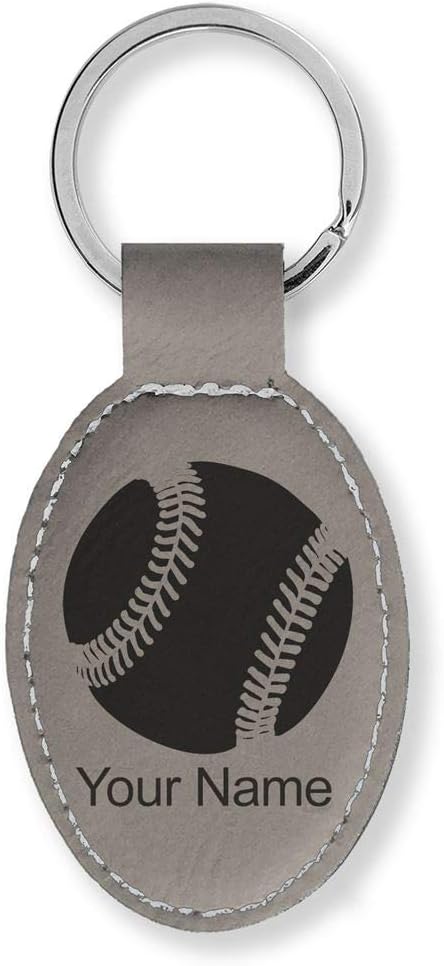 LaserGram Oval Keychain, Baseball Ball, Personalized Engraving Included (Gray)