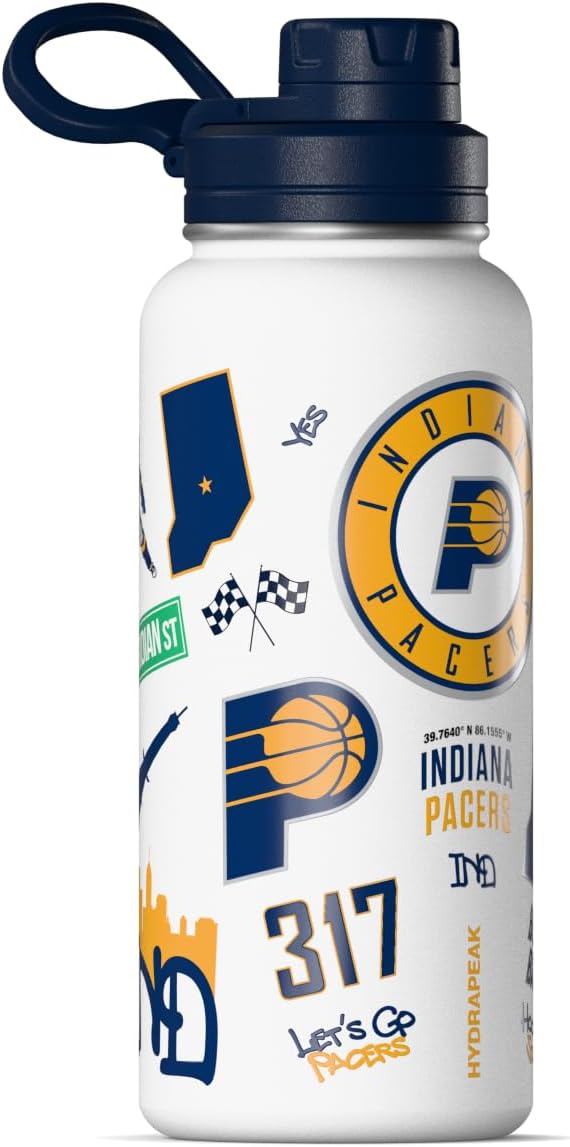 Hydrapeak x NBA Officially Licensed Indiana Pacers 32 oz Active Water Bottle with Chug Lid Reusable Stainless Steel Double Wall Insulated Sports Gift, Celebrating The City Of Indiana