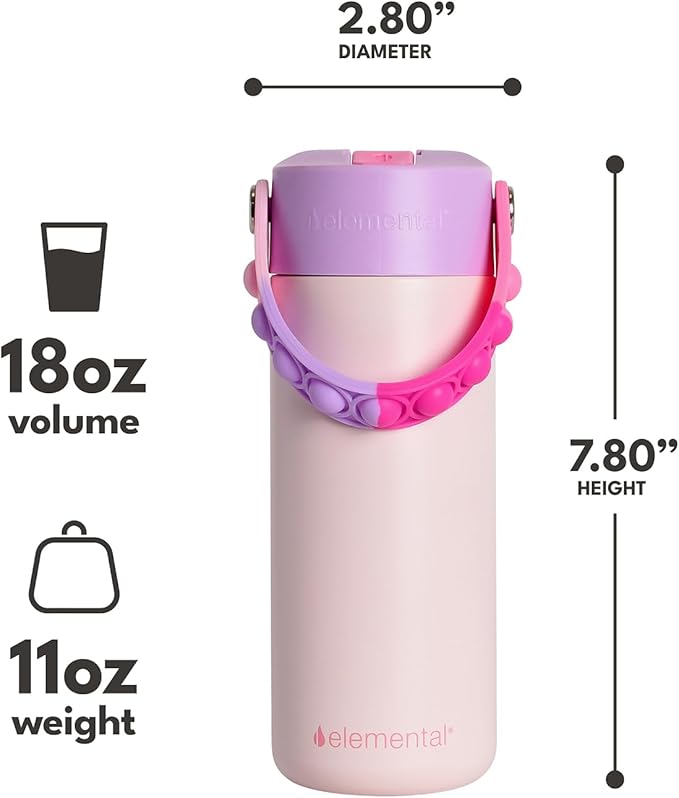 Elemental Insulated Kids Water Bottle, Stainless Steel Water Bottle with Straw Lid & Pop-It Handle, Leak-Proof Water Bottles for School, Boys or Girls, Travelling and Sports, 18oz - Pink Tie Dye