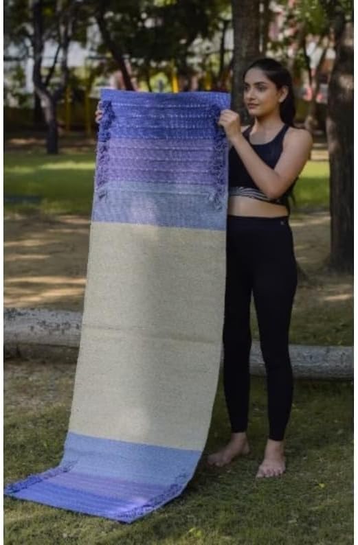 Indian Handmade100 % Organic Anti Skid Multi Colour Cotton Yoga Mat - Eco-Friendly Hand-Woven Rug - Non-Slip & Thick (24”x72”x5mm) for Hot yoga & Everyday Fitness at Home - Comfortable & Foldable Extra-Long Mat