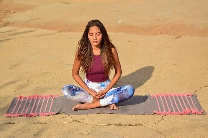 Indian Handmade100 % Organic Anti Skid Multi Colour Cotton Yoga Mat - Eco-Friendly Hand-Woven Rug - Non-Slip & Thick (24”x72”x5mm) for Hot yoga & Everyday Fitness at Home - Comfortable & Foldable Extra-Long Mat
