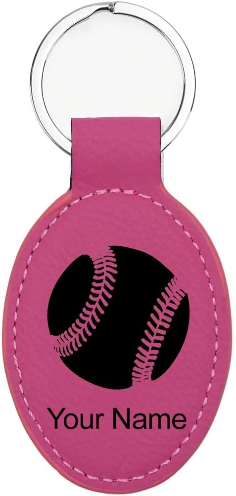 LaserGram Oval Keychain, Baseball Ball, Personalized Engraving Included (Hot Pink)