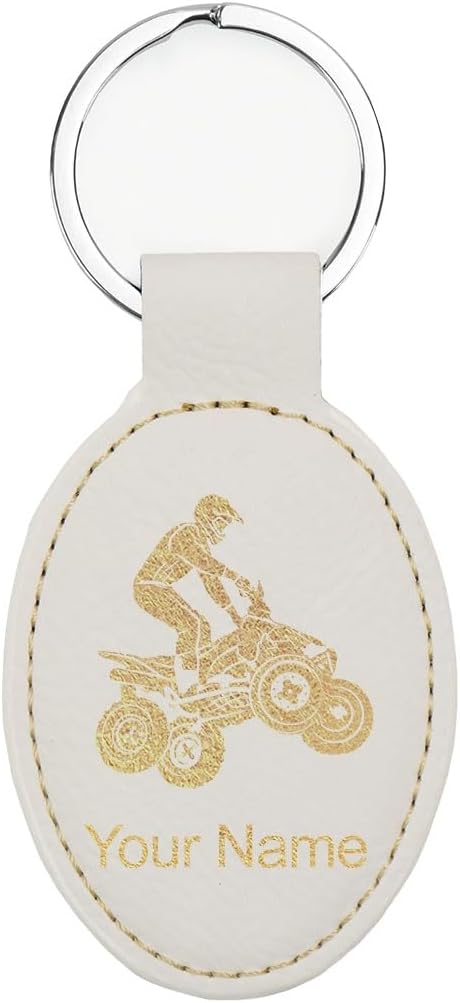 LaserGram Oval Keychain, Quad, Personalized Engraving Included (White with Gold)