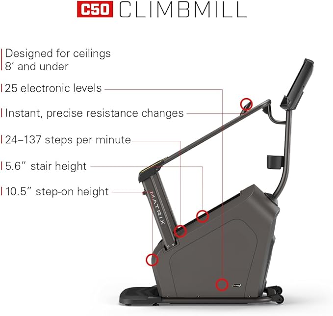 Matrix Fitness C50 Climbmill with XR | 8.5" LCD | High Calorie Burn, Low Impact Workout, Cardio Endurance | Low Ceilings Design, Powerful Exact Force Induction Brake, Industry Leading Safety