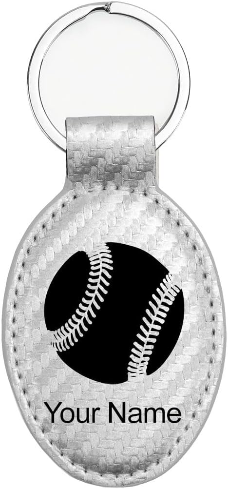 LaserGram Oval Keychain, Baseball Ball, Personalized Engraving Included (Carbon Fiber Silver)