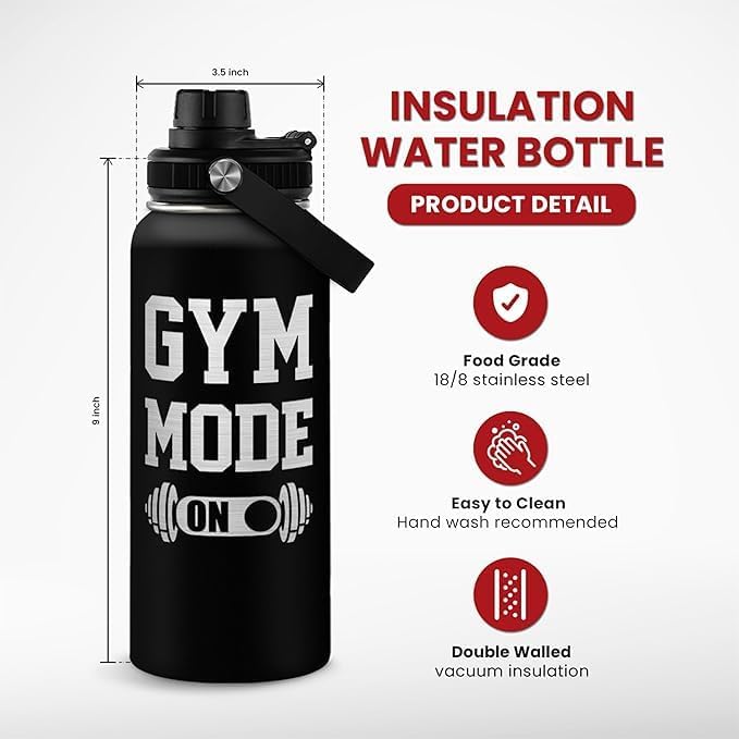 Gym Insulated Engraved Stainless Steel Water Bottle 32oz, Vacuum Chug Lid Travel Tumbler For Men Friends Dad Gymer Trainer, Gym Mode on, Gift for Birthday Christmas Father's Day