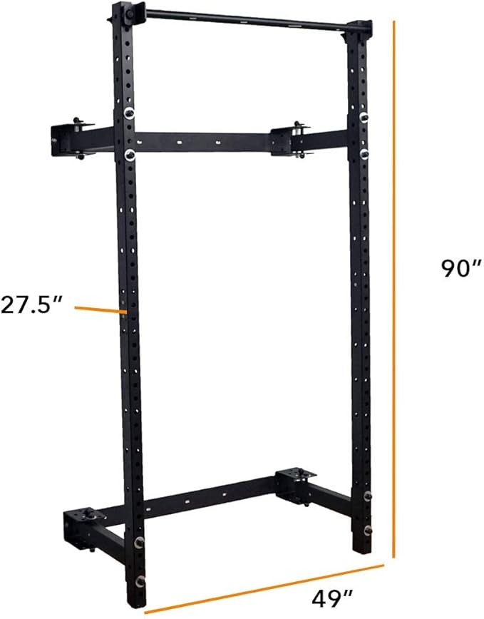 PRx Performance Wall Mounted Folding Power Squat Rack - Heavy Duty Adjustable Pull Up Bar, Space Saving Home Gym Equipment with Durable J-Cups, Ideal for Weight Lifting and Strength Training - Black