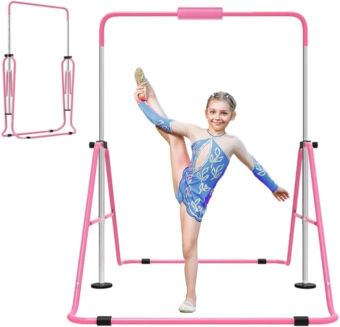 Gymnastics Bar with Self-Inflating Mat for Kids, Adjustable Height Gymnastic Horizontal Bars with Mat, Folding Gymnastic Training Monkey Bars, Junior Expandable Training Kip Bar for Home