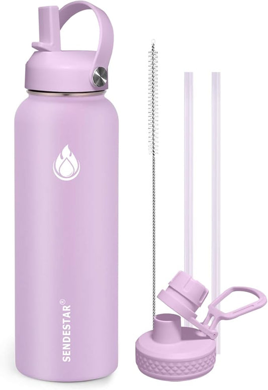 SENDESTAR Stainless Steel Wide Mouth Water Bottle 32oz Double Wall Vacuum Insulated Leak Proof Bottle with New Flex Straw Lid & Spout Lid