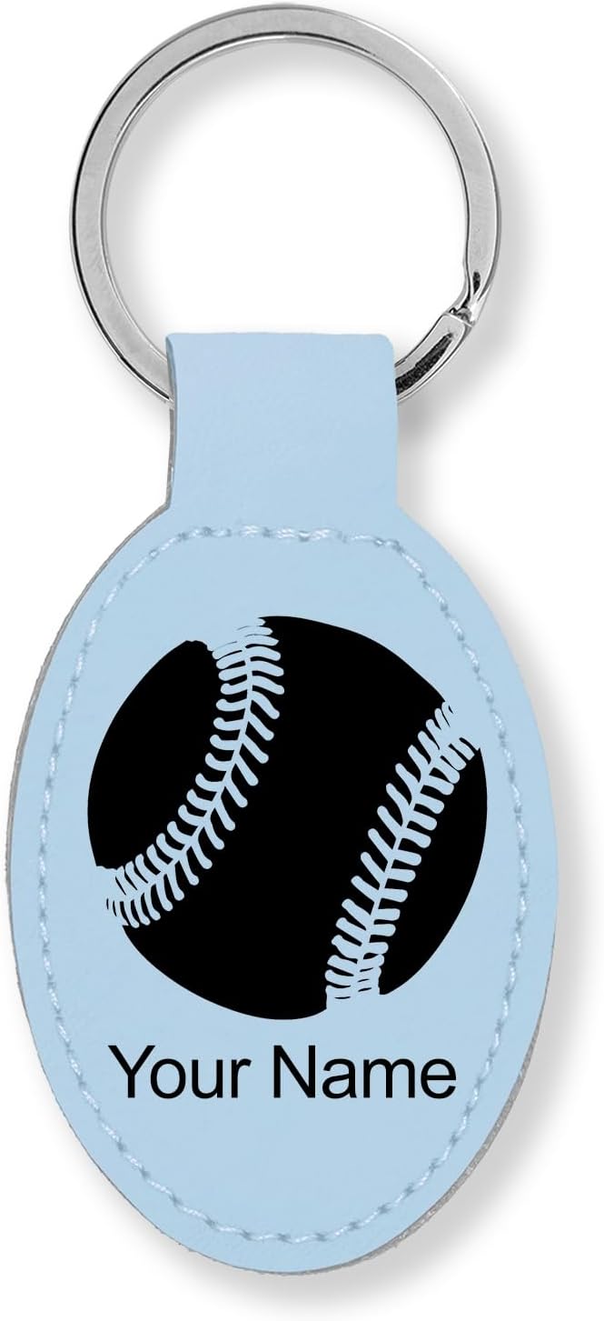 LaserGram Oval Keychain, Baseball Ball, Personalized Engraving Included (Light Blue)