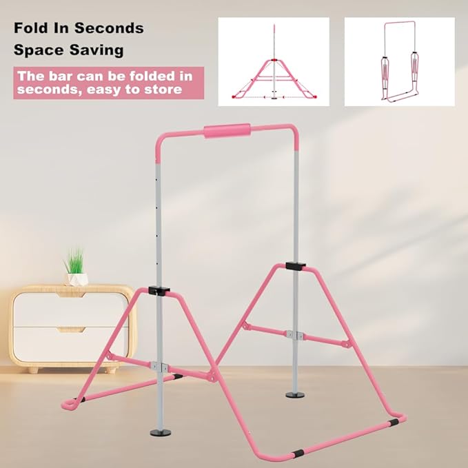 Gymnastics Bar with Self-Inflating Mat for Kids, Adjustable Height Gymnastic Horizontal Bars with Mat, Folding Gymnastic Training Monkey Bars, Junior Expandable Training Kip Bar for Home