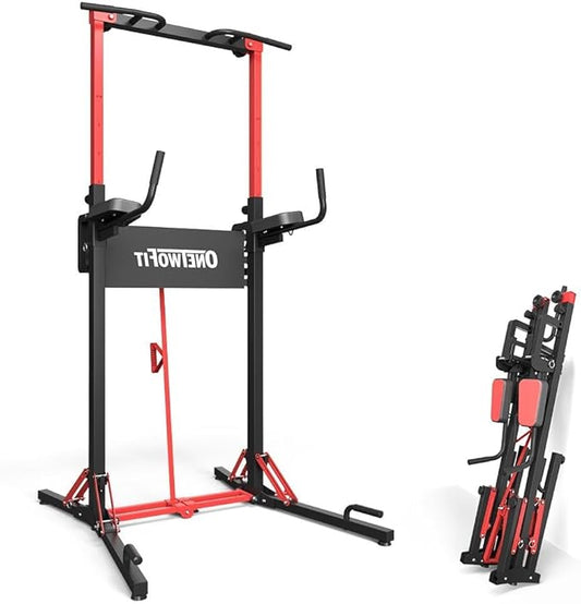 ONETWOFIT Foldable Power Tower Pull Up Bar Station, Multi-Function Adjustable Height Dip Station for Home Gym Workout, Strength Training Fitness Equipment, Pull Up Stand 400LBS