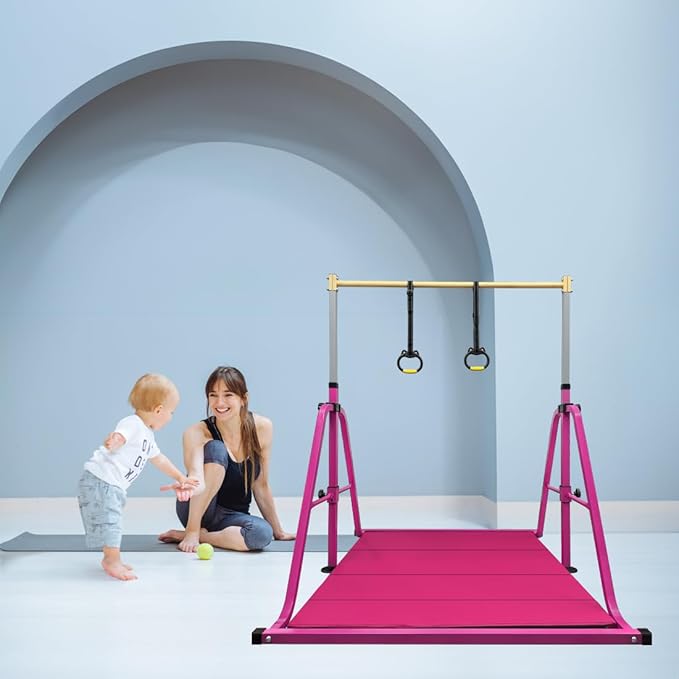 Foldable Gymnastics Kip Bar with Mat and Ring Set,3' to 5' Height Adjustable,Kids Gymnastic Equipment for Ages 3-15,Indoor and Home Training- Max Load 350LBS
