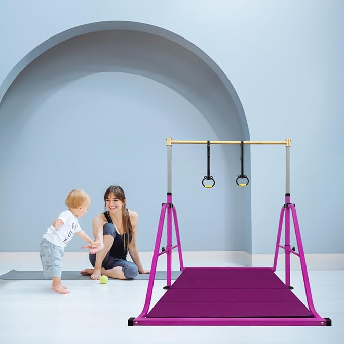 Foldable Gymnastics Kip Bar with Mat and Ring Set,3' to 5' Height Adjustable,Kids Gymnastic Equipment for Ages 3-15,Indoor and Home Training- Max Load 350LBS
